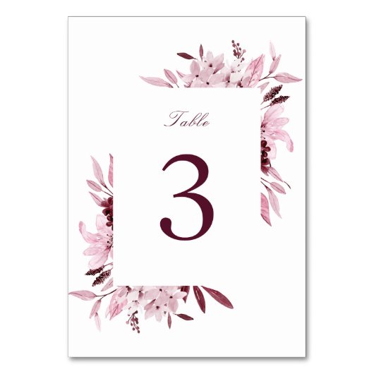 Moderne Hochzeit mit Burgunder Wasserfarbe Tischnummer (Vorderseite)