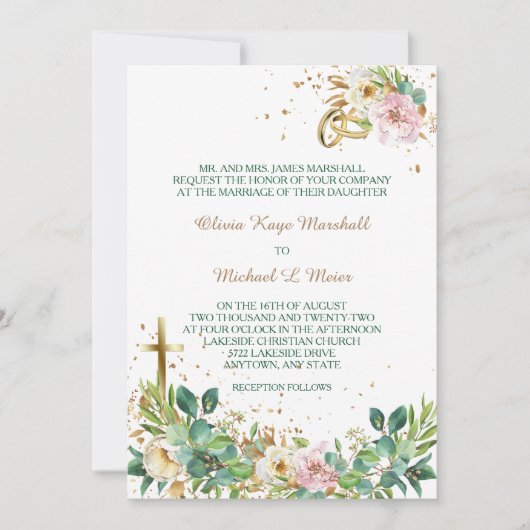 Moderne Hochzeit mit Christlichem Kreuz und Ringen Einladung (Vorderseite)