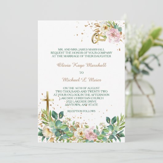 Moderne Hochzeit mit Christlichem Kreuz und Ringen Einladung (Stehend Vorderseite)