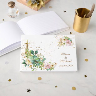 Moderne Hochzeit mit Christlichem Kreuz und Ringen Gästebuch