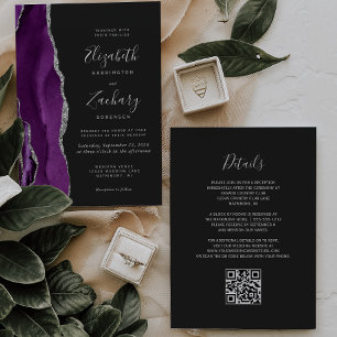 Moderne Hochzeit mit dunklem QR-Code in lila Silbe Einladung
