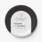Moderne Hochzeit mit elegantem Drehbuch in Schwarz Pappteller (Vorderseite)
