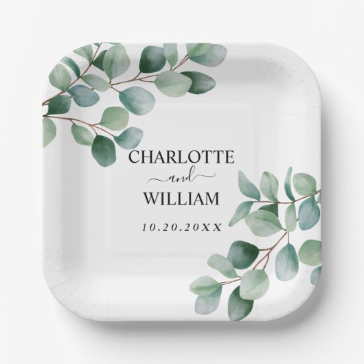 Moderne Hochzeit mit Eukalyptus-Grün Pappteller (Vorderseite)