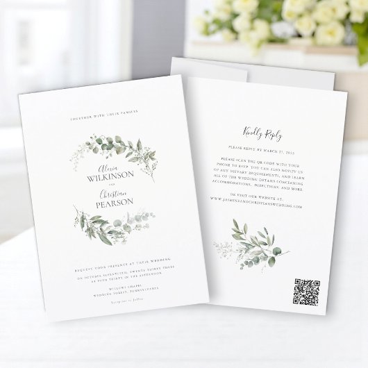 Moderne Hochzeit mit Eukalyptus-Grünzeug QR-Code-R Einladung