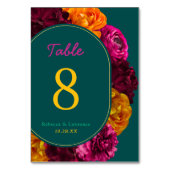 Moderne Hochzeit mit gelbem, rosa grünem Blumen Tischnummer (Rückseite)
