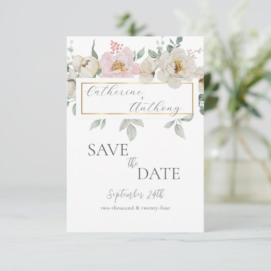 Moderne Hochzeit mit Gold Floral Save The Date (Stehend Vorderseite)