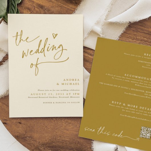 Moderne Hochzeit mit Gold und Creme Handwriting Einladung