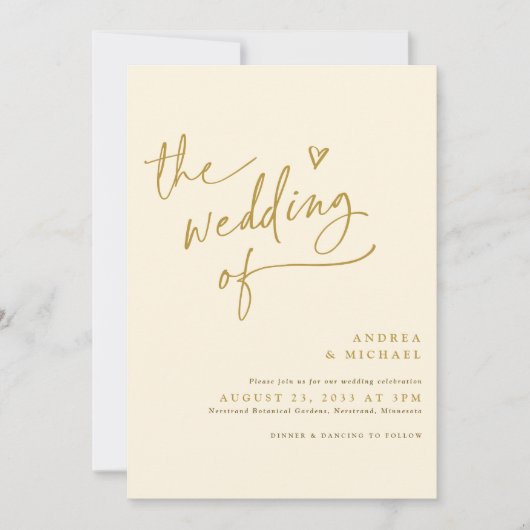 Moderne Hochzeit mit Gold und Creme Handwriting Einladung (Vorderseite)