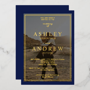 Moderne Hochzeit mit goldblauen Fotos Folieneinladung