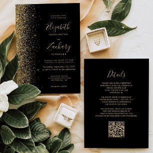 Moderne Hochzeit mit goldenem Glitter-Schwarz-QR-C Einladung