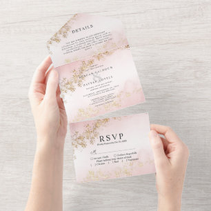Moderne Hochzeit mit Goldflittern in Rosa Aquarell All In One Einladung