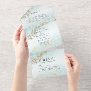 Moderne Hochzeit mit Goldflittern Teal Mist Wasser All In One Einladung