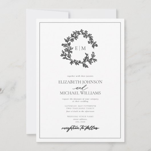 Moderne Hochzeit mit grauem Wappen Einladung (Vorderseite)