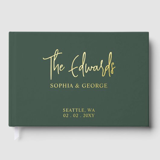 Moderne Hochzeit mit Grün und Gold Gästebuch (Vorderseite)