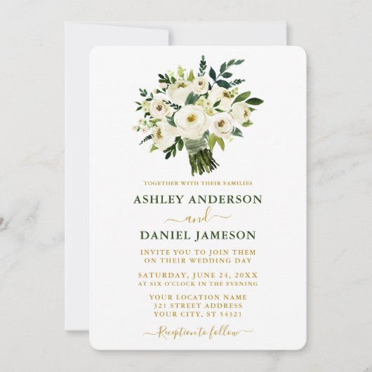 Moderne Hochzeit mit grüner Blüte Einladung (Vorderseite)