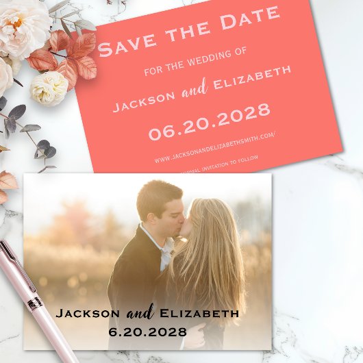 Moderne Hochzeit mit Korallen und rosa Foto Save The Date