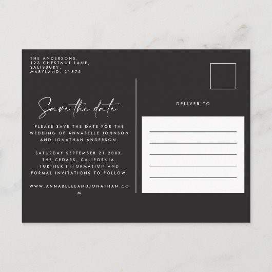 Moderne Hochzeit mit lässiger Schrift Ankündigungspostkarte (Rückseite)