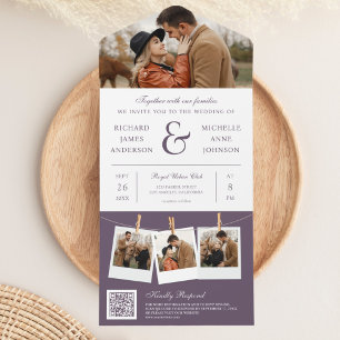 Moderne Hochzeit mit lila Et-Zeichen und QR-Code-F All In One Einladung