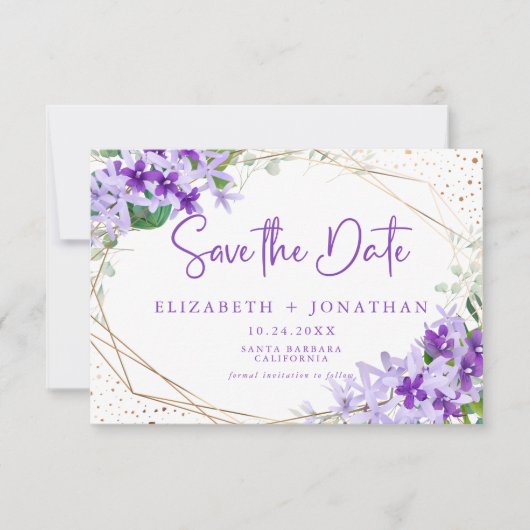 Moderne Hochzeit mit Lila goldgrünem Blumenkreide Save The Date (Vorderseite)