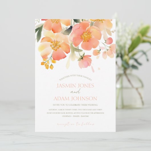 Moderne Hochzeit mit Orangenpfirsich Einladung (Stehend Vorderseite)