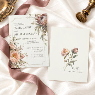 Moderne Hochzeit mit Pfirsich-Pfingstrose Botanik Einladung