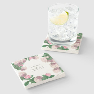Moderne Hochzeit mit rosa Hortensien und floraler Steinuntersetzer