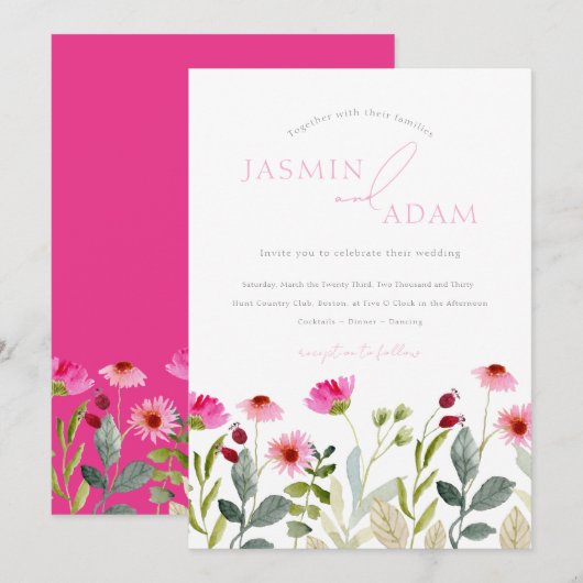 Moderne Hochzeit mit rosa Wildblumen Einladung (Vorne/Hinten)