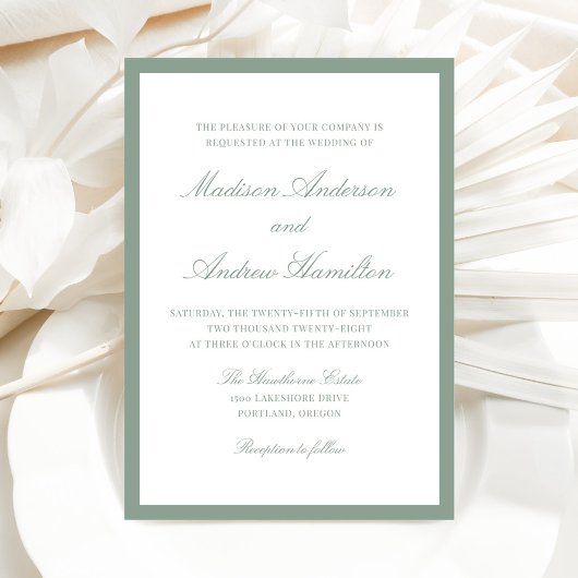 Moderne Hochzeit mit salbeigrüner Umrandung Einladung