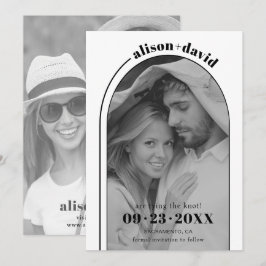 Moderne Hochzeit mit Schwarz-weißem Bogen und Foto Save The Date