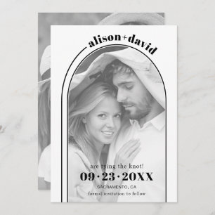 Moderne Hochzeit mit Schwarz-weißem Bogen und Foto Save The Date
