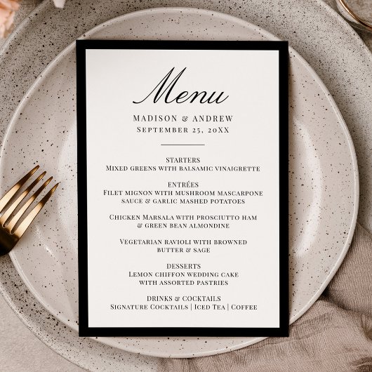 Moderne Hochzeit mit schwarzer Umrandung Menükarte