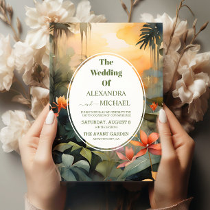 Moderne Hochzeit mit tropischem Grün Einladung