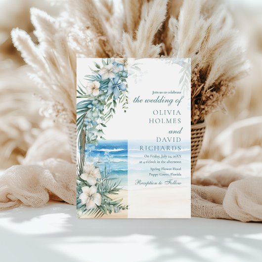 Moderne Hochzeit mit tropischem Strand und Blumens Einladung