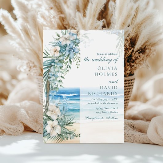Moderne Hochzeit mit tropischem Strand und Blumens Einladung