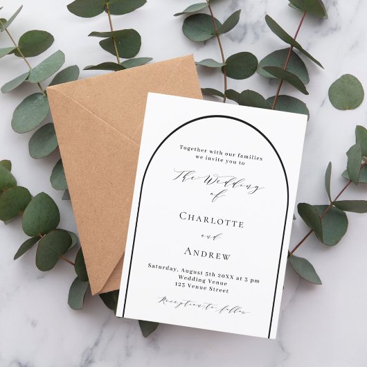 Moderne Hochzeit mit weißem schwarzem Bogen Einladung