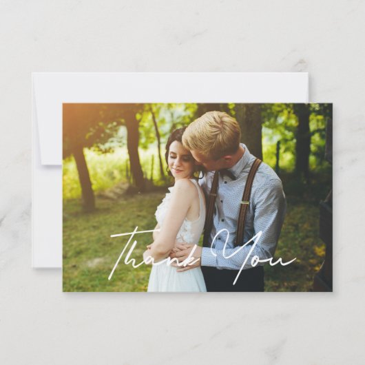 Moderne Hochzeit mit weißer Schrift 2 Fotos Dankeskarte (Vorderseite)