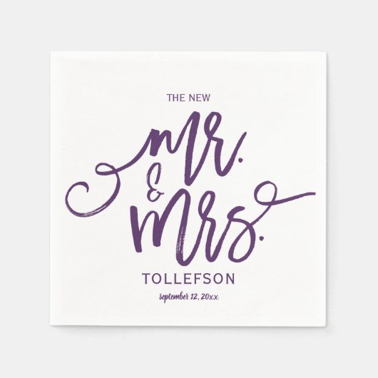 Moderne Hochzeit Napkins | Pinselschrift (Plum) Serviette (Vorderseite)