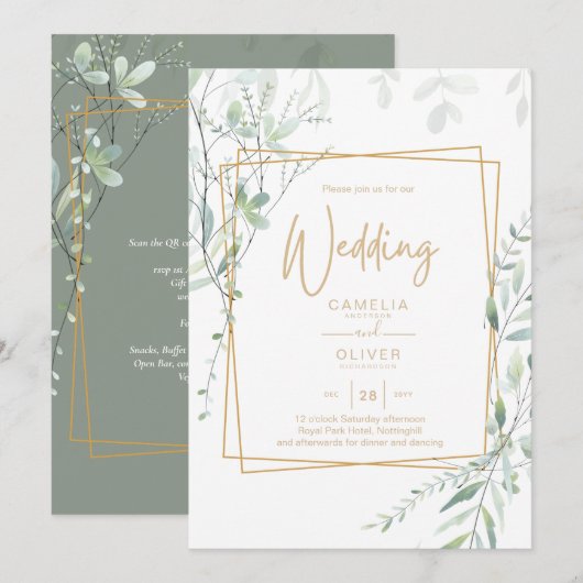 Moderne Hochzeit QR Code RSVP mit Grünpflanzen Einladung (Vorne/Hinten)