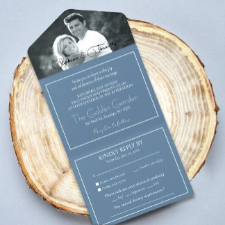 Moderne Hochzeit RSVP in staubigem Blau mit Foto All In One Einladung