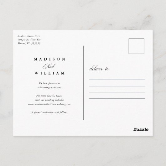 Moderne Hochzeit Save the Date Postkarte (Rückseite)