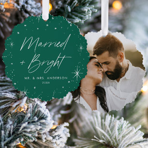 Moderne Hochzeit und strahlend grüne Feiertags-Fot Ornament Karte