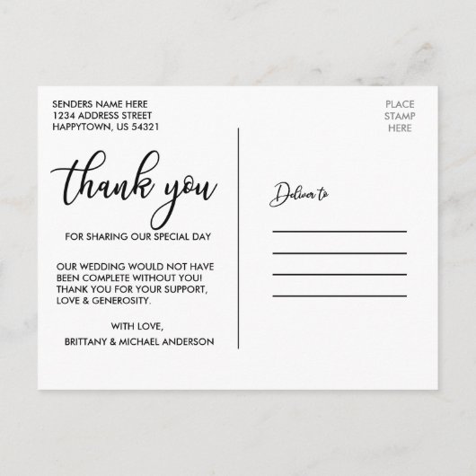 Moderne Hochzeit Vielen Dank, dass Sie Bride Groom Postkarte (Rückseite)