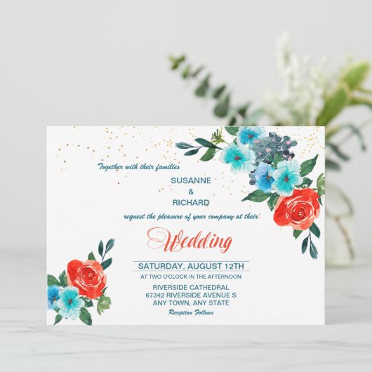 Moderne Hochzeit von Aqua und Korallen Einladung (Stehend Vorderseite)