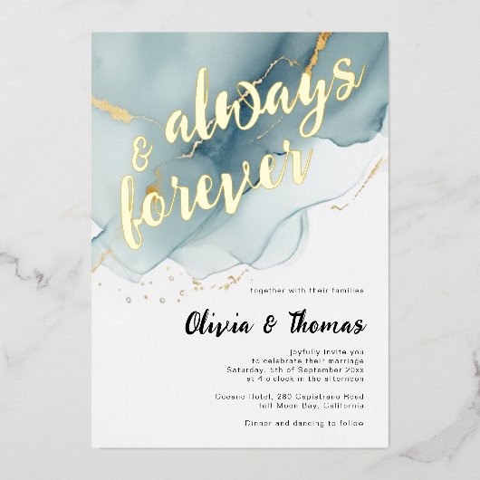 Moderne Hochzeit von Blue Beach immer für immer Folieneinladung (Vorderseite)
