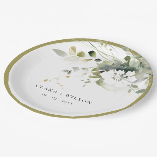 Moderne Hochzeit von Boho Abstrakt-grüner Blütenbl Pappteller (Schrägansicht)