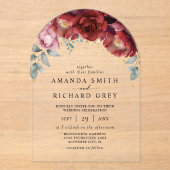 Moderne Hochzeit von Boho Burgund Rot und Gold Flo Acryleinladungen (Vorderseite)