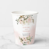 Moderne Hochzeit von Boho Rosa Blütengold Funkeln Pappbecher (Rückseite)
