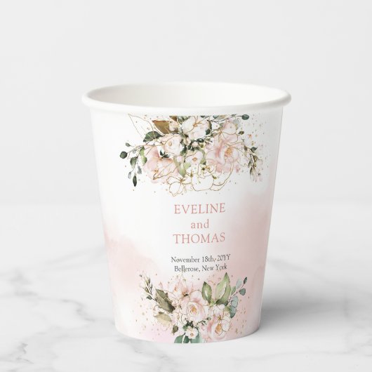 Moderne Hochzeit von Boho Rosa Blütengold Funkeln Pappbecher (Rückseite)