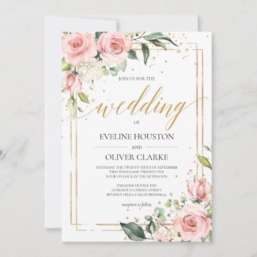 Moderne Hochzeit von Boho Rosa Blütengoldrahmen Einladung (Vorderseite)