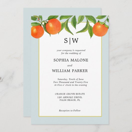 Moderne Hochzeit von Citrus mit Initials Einladung (Vorne/Hinten)